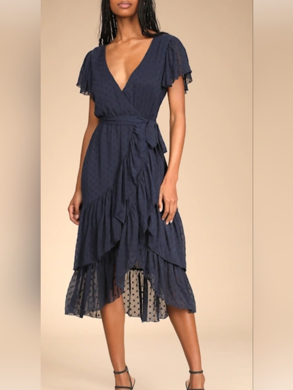 Lulu's Navy Blue Have Harmony Swiss Dot Ruffles Wrap Midi Dress . NWT. Size S